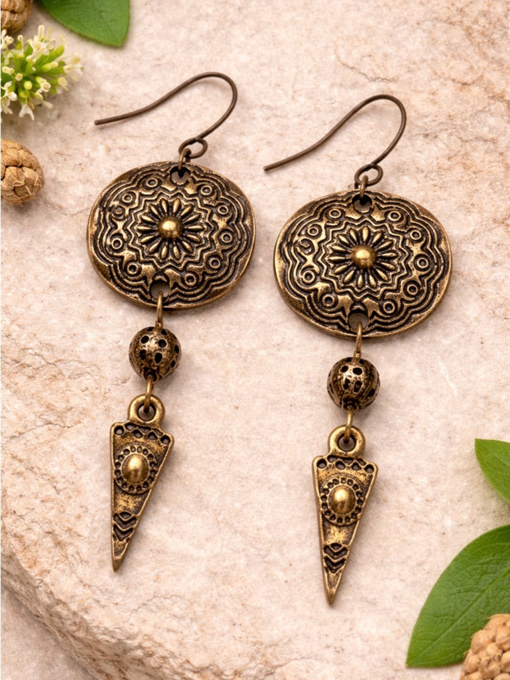 Ottoman Medallion Earrings | Tribal Boho Bronze Dangle | Statement